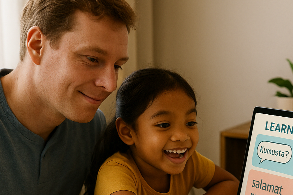 generate an image of a dutch dad and a filipina girl learning tagalog online